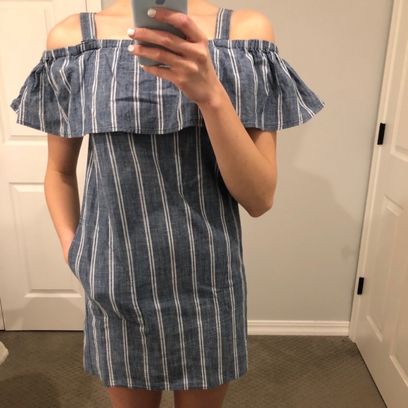 J Crew Striped Chambray Ruffle Neck Dress - Picture 2 of 7